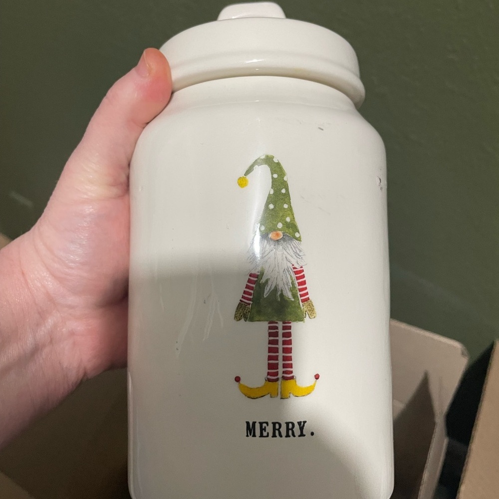 Rae Dunn Holiday Gnome Jar - Cream with Green and Red